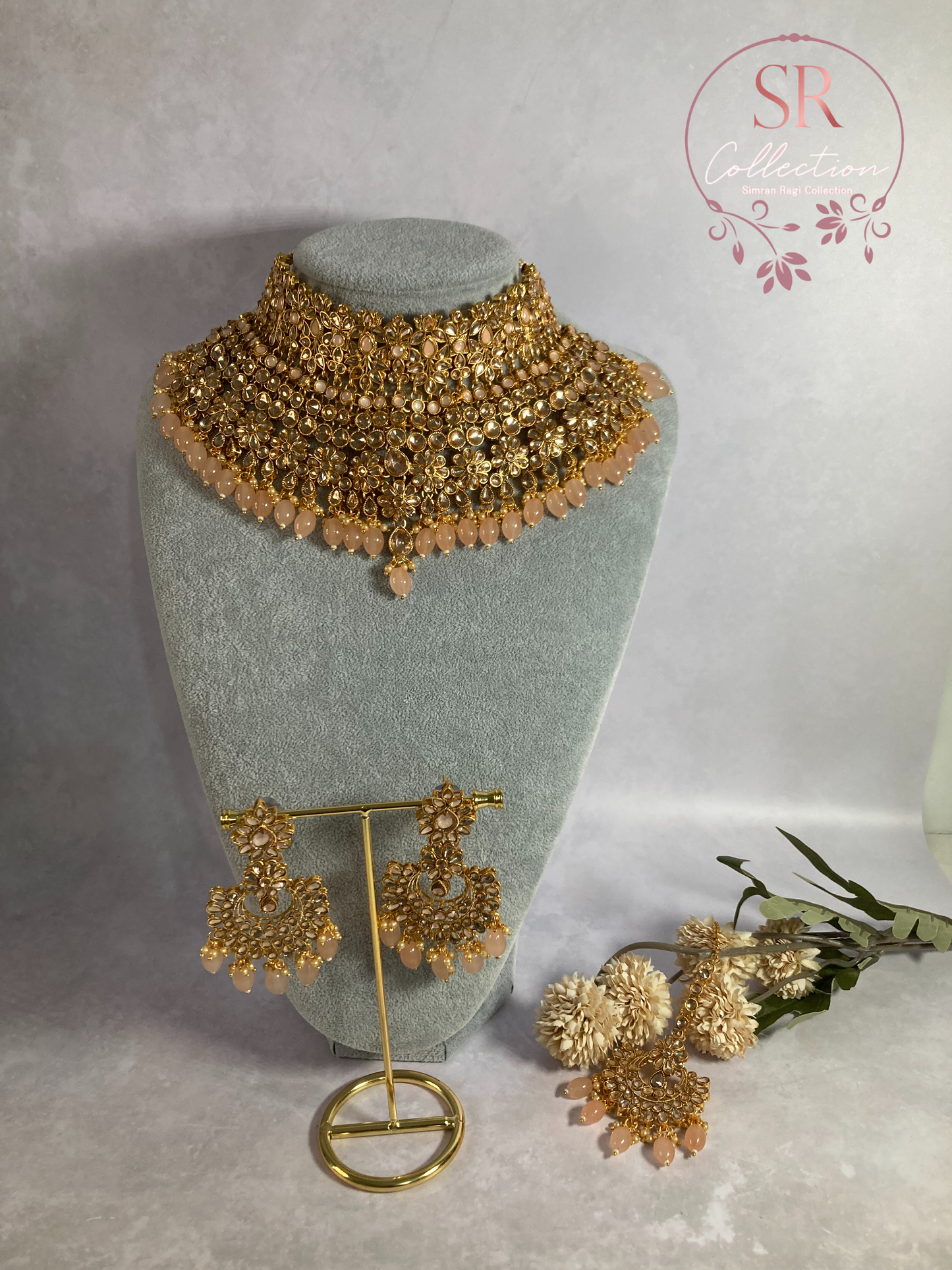 Amber Gold Plated Kundan Beaded Set (ST221) Antique Peach